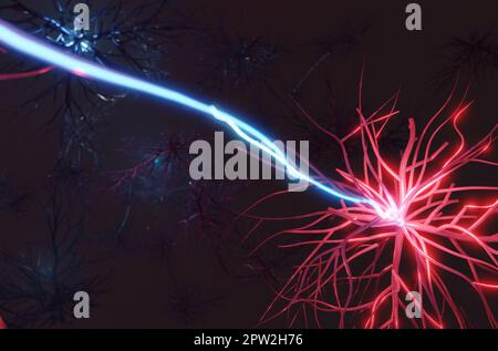 Neurowissenschaften, medizinisches Konzept digitales Rendern. Gehirnzelle sendet elektrische Signale. Stockfoto