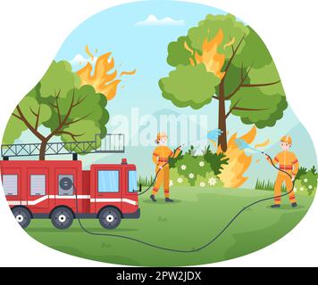 Feuerwehr mit Feuerwehrleuten, die Haus, Wald löschen und Menschen in verschiedenen Situationen helfen in flacher Hand gezeichneter Cartoon Illustration Stock Vektor