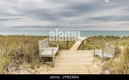 Zwei Bänke und eine Promenade zum Meer in Amagansett, NY Stockfoto