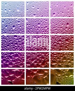 Eine Collage aus vielen verschiedenen Fragmenten aus Glas, mit regen Tropfen aus dem Kondensat eingerichtet. Regenbogen Farben Stockfoto