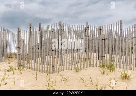 Detailbild von Schichten von Strandzäunen auf einer amagansett-Düne Stockfoto