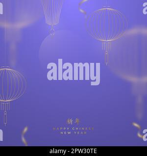 Chinesische Laternen-Konturen in linearem Stil. Festlicher lilafarbener Hintergrund mit freiem Platz. Chinesische Übersetzung: Frohes neues Jahr. Stock Vektor