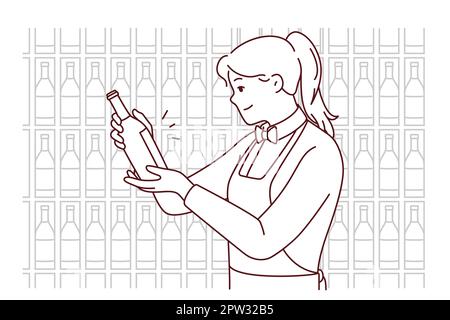 Smiling waitress choosing wine in cellar Stock Vektor