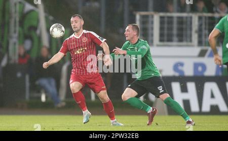 Münster, Deutschland. 28. April 2023. firo : 04/28/2023-Fußball, Fußball, Saison der Regionalliga, 2022/2023, Regionalliga West, Rückflug, 32. Spieltag SC Preussen Munster, SCP, Preussen Münster - Fortuna Köln Duels, Simon Scherder Credit: dpa/Alamy Live News Stockfoto