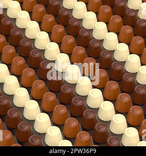 Viele Reihen mit dunklen, weißen und Milchschokoladenpralinen Stockfoto