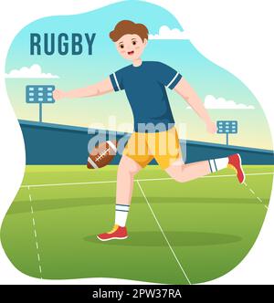 Rugby-Spieler mit einem Ball im Meisterschaftssport für Webbanner oder Landing Page in flachen, handgezeichneten Cartoon-Vorlagen Stock Vektor