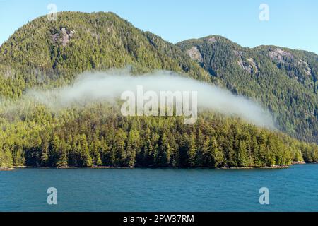 Insel im Nebel bei Sonnenaufgang, Inside Passage Kreuzfahrt zwischen Prince Rupert und Port Hardy, Vancouver Island, British Columbia, Kanada. Stockfoto