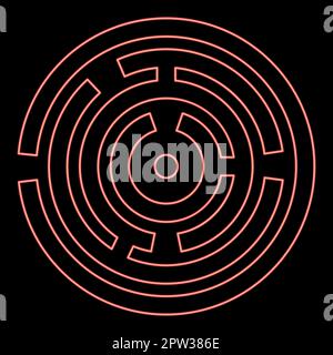 Neon rundes Labyrinth Kreislabyrinth Rotes Farbvektor Abbildung flaches Bild Stock Vektor