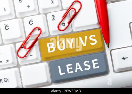 Schild mit den Vorteilen „Kaufen vs. Leasing“, „Geschäftsidee – etwas besitzen“ und „leihen“. Nachteile Stockfoto