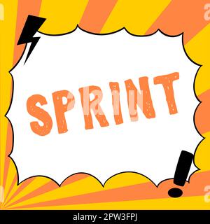 Inspiration mit Schild Sprint, Konzept bedeutet, sich mit Höchstgeschwindigkeit zu bewegen, insbesondere für kurze Strecken. Zeitraum der Produktentwicklung Stockfoto