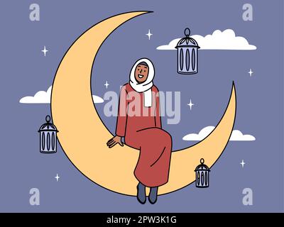 Lächelnde muslimische Frau, die auf dem Mond sitzt, feiert Ramadan Kareem. Glückliche Frau in Hidschab, die Ramadan grüßt. Kultur und Religion. Vektordarstellung. Stockfoto