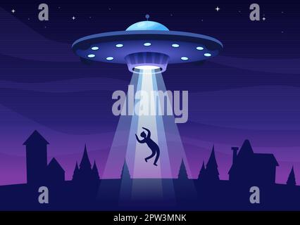 UFO fliegendes Raumschiff mit fliegender Untertasse über dem Stadthimmel Kanäle Menschen oder Tiere in flachen Cartoon Handgezeichnete Vorlagen Illustration Stock Vektor