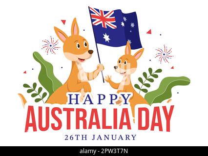 Happy Australia Day findet jedes Jahr am 26.. Januar mit Flaggen und Kängurus in der flachen, handgezogenen Schablone statt Stockfoto