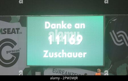Münster, Deutschland. 28. April 2023. firo: 28.04.2023 Fußball, Fußball, Saison der Regionalliga, 2022/2023, Regionalliga West, Rückkehrrunde, 32. Spieltag SC Preussen Munster, SCP, Preussen Münster - Fortuna Köln 1:3 Zuschauerzahlen, 11.169 Kredit: dpa/Alamy Live News Stockfoto