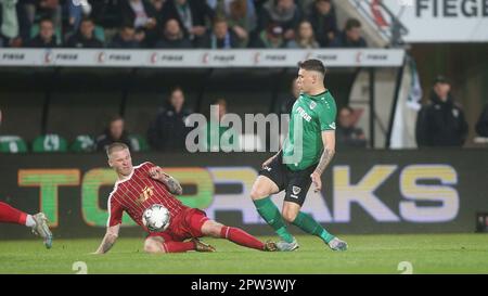 Münster, Deutschland. 28. April 2023. firo : 04/28/2023-Fußball, Fußball, Saison der Regionalliga, 2022/2023, Regionalliga West, Rückflug, 32. Spieltag SC Preussen Munster, SCP, Preussen Münster - Fortuna Köln 1:3 Duelle, Nicolai Remberg Kredit: dpa/Alamy Live News Stockfoto