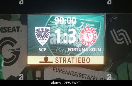 Münster, Deutschland. 28. April 2023. firo : 04/28/2023-Fußball, Fußball, Saison der Regionalliga, 2022/2023, Regionalliga West, Rückkehrrunde, 32. Spieltag SC Preussen Munster, SCP, Preussen Münster - Fortuna Köln 1:3 Endstand, Ergebnis: dpa/Alamy Live News Stockfoto