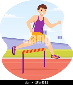 Athlete Run Hürde Long Jump Sportman Game Illustration in Obstacle Running für Webbanner oder Landing Page in Flat Cartoon Hand Drawn Templates Stock Vektor