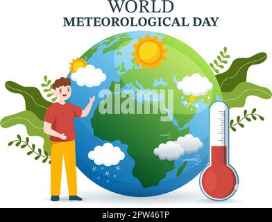 Illustration zum Weltmeteorologischen Tag mit Meteorologiewissenschaft und Wetterforschung in flachem Cartoon, handgezeichnet für Landing-Page-Vorlagen Stock Vektor