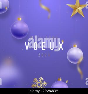 Neujahr 2023 Hintergrund. Festliches Banner mit glänzenden Bällen und goldenen Schneeflocken. Bewegungsunschärfe-Effekt. Meilleurs voeux - die besten Wünsche aus frankreich. Stockfoto