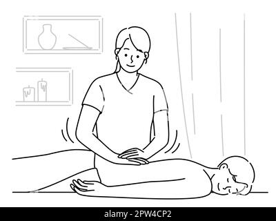 Physiotherapeutin massiert männlichen Klienten im Salon. Masseurin massiert den Patienten zur Stress- oder Schmerzlinderung. Entspannungskonzept. Vektor Stockfoto