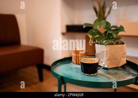 Innenaufnahmen des modernen Loungezimmers mit offenem Schnitt, Details von braunem Sofa, Couchtisch, dekorative Objekte auf den Regalen und Pflanzen Stockfoto