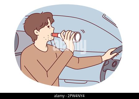 Verantwortungsloser Mann trinkt Alkohol aus einer Flasche Auto und riskiert das Leben von Fußgängern. Vektorbild Stock Vektor