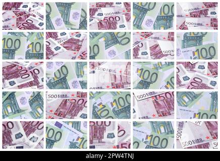 Eine Collage aus vielen Bildern von Hunderte von Dollar und Euro Rechnungen in einem Haufen Lügen Stockfoto