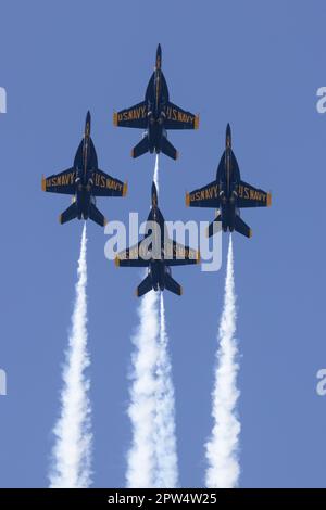 F/A-18 Super Hornets mit U.S. Navy Flight Demonstration Squadron, die Blue Angels, fliegen in Formation auf der Marine Corps Air Station (MCAS) Beaufort, South Carolina, 20. April 2023. Die Blue Angels üben ihre Flugvorführung, um die lokale Gemeinde für die Beaufort Airshow 2023 zusammenzubringen. (USA Marinekorps (Foto: Lance CPL. Kyle Baskin) Stockfoto