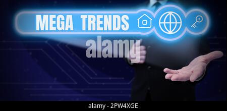 Textunterschrift mit Mega-Trends, Konzept, das starke Phänomene bedeutet, die die Grundlagen unserer Welt beeinflussen Stockfoto