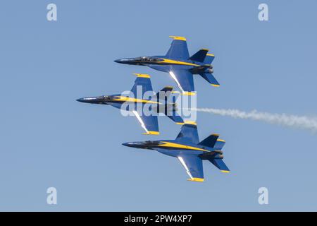 F/A-18 Super Hornets mit U.S. Navy Flight Demonstration Squadron, die Blue Angels, fliegen in Formation auf der Marine Corps Air Station (MCAS) Beaufort, South Carolina, 20. April 2023. Die Blue Angels üben ihre Flugvorführung, um die lokale Gemeinde für die Beaufort Airshow 2023 zusammenzubringen. (USA Marinekorps (Foto: Lance CPL. Kyle Baskin) Stockfoto