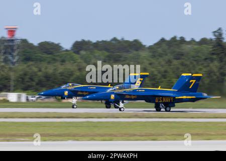 F/A-18 Super Hornets mit U.S. Navy Flight Demonstration Squadron, The Blue Angels, startet am Marine Corps Air Station (MCAS) Beaufort, South Carolina, 20. April 2023. Die Blue Angels üben ihre Flugvorführung, um die lokale Gemeinde für die Beaufort Airshow 2023 zusammenzubringen. (USA Marinekorps (Foto: Lance CPL. Kyle Baskin) Stockfoto