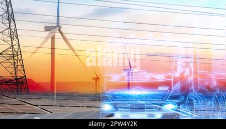 Blauer Elektrofahrzeug-Anhänger/Auflieger grünes Wasserstoffkonzept. Nachhaltige erneuerbare Energien. Sonnenkollektoren und Windturbinen mit Himmel. Saubere Energie. Komm Stockfoto