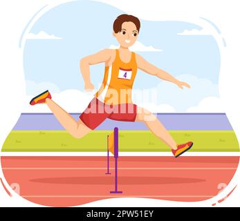 Athlete Run Hürde Long Jump Sportman Game Illustration in Obstacle Running für Webbanner oder Landing Page in Flat Cartoon Hand Drawn Templates Stock Vektor