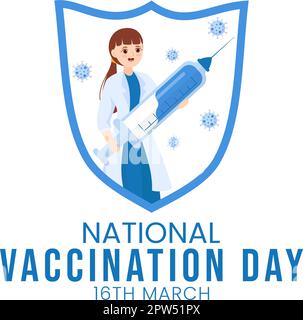 Nationaler Impftag am 16. März Illustration mit Impfspritze für starke Immunität in flachem Cartoon Hand Drawn to Landing Page Template Stock Vektor