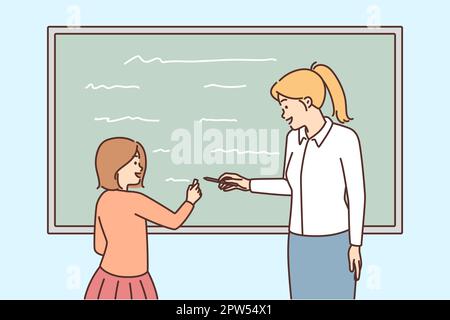Lehrerin und Schulmädchen, die an der Tafel schreiben Stock Vektor