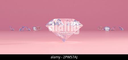 Klassisch geschnittene Diamanten und pinkfarbener Hintergrund. 3D-Rendern Stockfoto