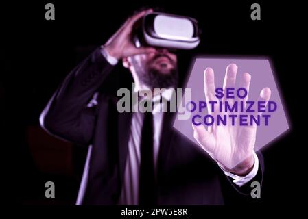 Handgeschriebenes Schild Seo Optimized Content, Business Showcase macht Webseiten für Suchmaschinen attraktiv Stockfoto