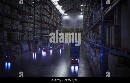 Automatisiertes Lagerhaus mit sich bewegenden Drohnen in der Nacht. 3D-Rendern Stockfoto