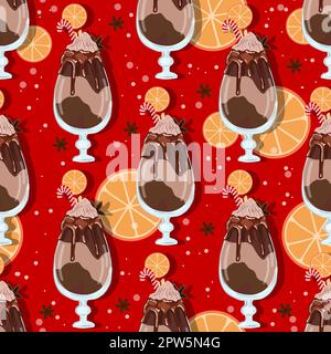 Nahtloses Weihnachtsmuster. Geschenkpapier für Kaffeebar. Cappuccino- oder Frapuccino-Muster. Handgezeichnete Vektorgrafik. Wintergetränk mit Creme A Stockfoto