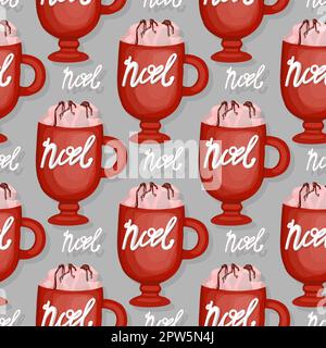 Nahtloses Weihnachtsmuster. Geschenkpapier für Kaffeebar. Cappuccino- oder Frapuccino-Muster. Handgezeichnete Vektorgrafik. Wintergetränk mit Creme A Stockfoto