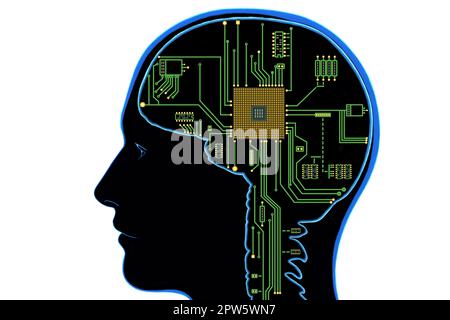 Konzept 3D Illustration eines elektronischen Chips in Form eines menschlichen Gehirns im elektronischen Cyberspace. Künstliche Intelligenz im Gehirn. Stockfoto