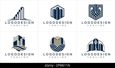 Design-Set mit Gebäudelogo. Abstrakter Logo-Vektor für Wohnungsbau. Stock Vektor