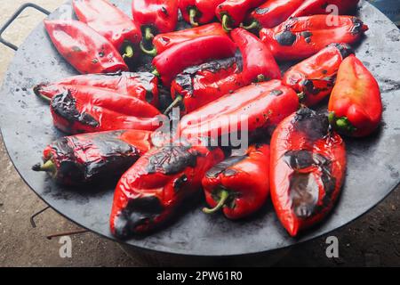 Rösten Sie köstliche rote Paprika für einen rauchigen Geschmack und schnelles Schälen. Balkansalatrezepte. Thermische Verarbeitung der Pfefferpflanze auf einem Metallkreis. Pe Stockfoto