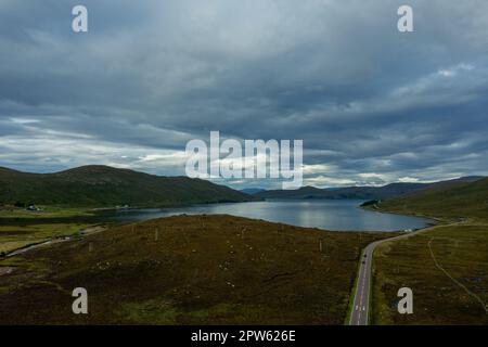 Genähte Luftperspektive in der Nähe von Loch Ainort in Richtung Marsco und Cuillins und Glamaig, Isle of Skye, Schottland Stockfoto