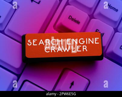 Es wird Text Search Engine Crawler, Business Overview Program oder automatisiertes Skript angezeigt, das das Web durchsucht Stockfoto