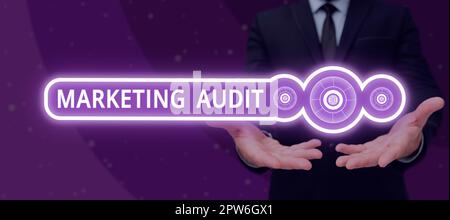 Text, der Inspiration Marketing Audit, Business Approach Investigation und Analyse der Marketingaktivitäten zeigt Stockfoto