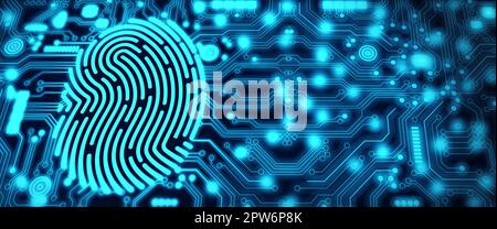 Sicherheitstechnologie der Zukunft. Fingerabdruck-Scan bietet Sicherheitszugriff in DOF. Fingerabdruck-Sicherheitskonzept. 3D Rendern. Stockfoto