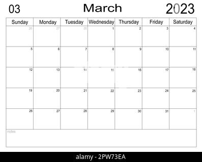 Planer für märz 2023. Zeitplan für Monat. Monatskalender. Organisator für märz 2023. Businessplan. Aufgabenliste für Monat. Leere Zellen des Planers. M Stockfoto