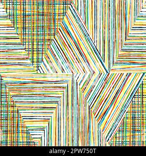 Farbenfroher gestreifter geometrischer, nahtloser Grunge-Hintergrund mit Dreiecken aus Linien Stockfoto