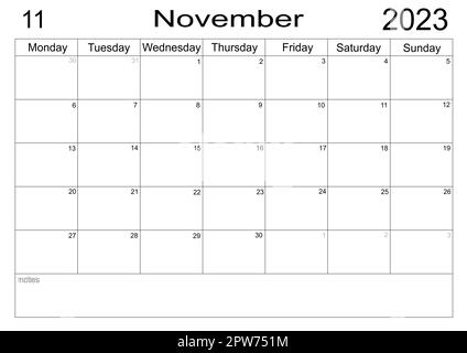 Planer für November 2023. Zeitplan für Monat. Monatskalender. Organisator für November 2023. Businessplan. Aufgabenliste für Monat. Leere Zellen des Plans Stockfoto